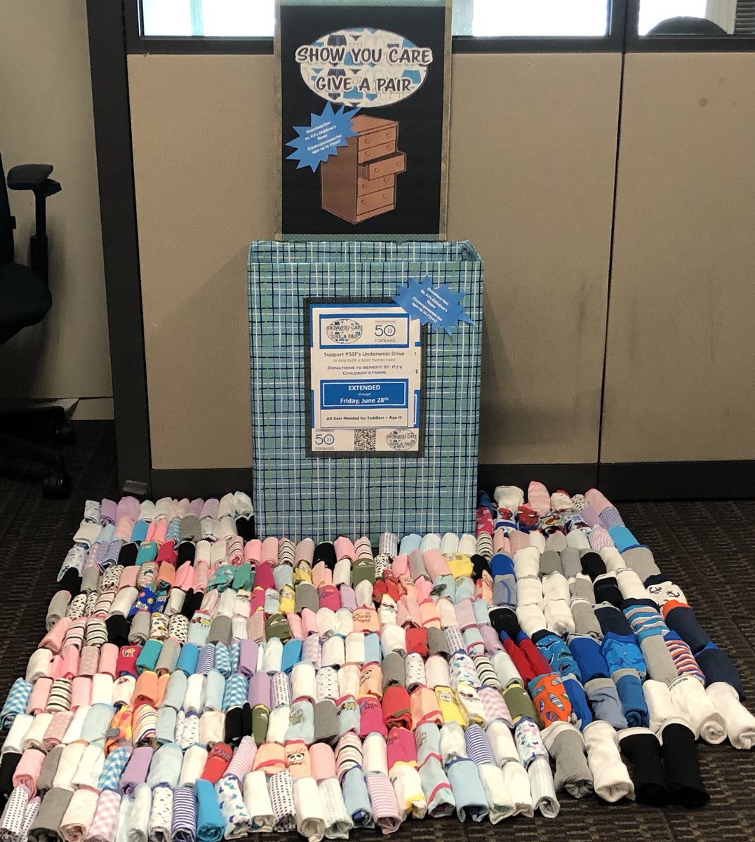 50_central's tweet photo. Show You Care Give A Pair Campaign to help @stpjhome - donated over 1,000 undergarments. Thank you employees and @BornLuckyTattoo for their generous donation. https://t.co/NposcJM9Qn