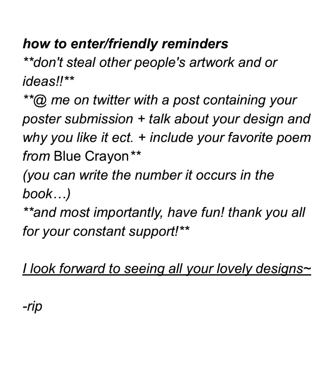 ripwrites's tweet photo. Hey! I'm going to be having a book signing event soon, and I am in need of a super cool looking poster to advertise it. I am a horrible artist, so I've decided to hold a contest~ Please share this with as many people as possible! I look forward to seeing your wonderful designs! https://t.co/A8XMFfl9gM