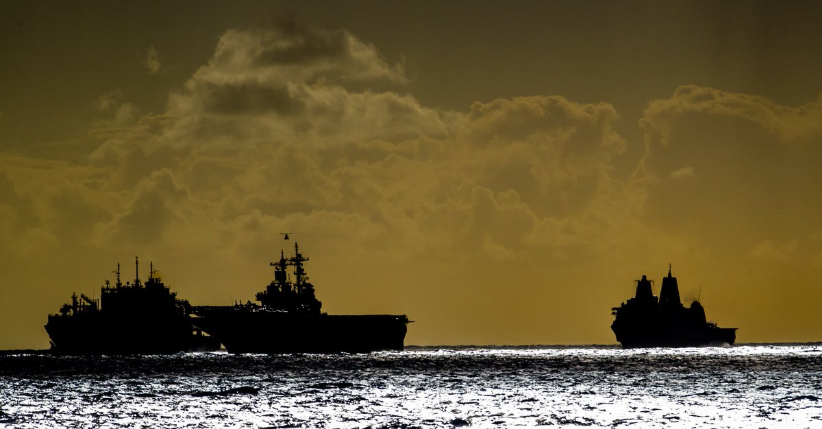 On station in #TalismanSabre2019 on @HMCS_NCSMRegina with #USSGreenBay, #USSWasp and #USNSRichardEBird. @Amphib7FLT #partnerships #FreeandopenIndoPacific @RoyalCanNavy @MARPAC_FMARP