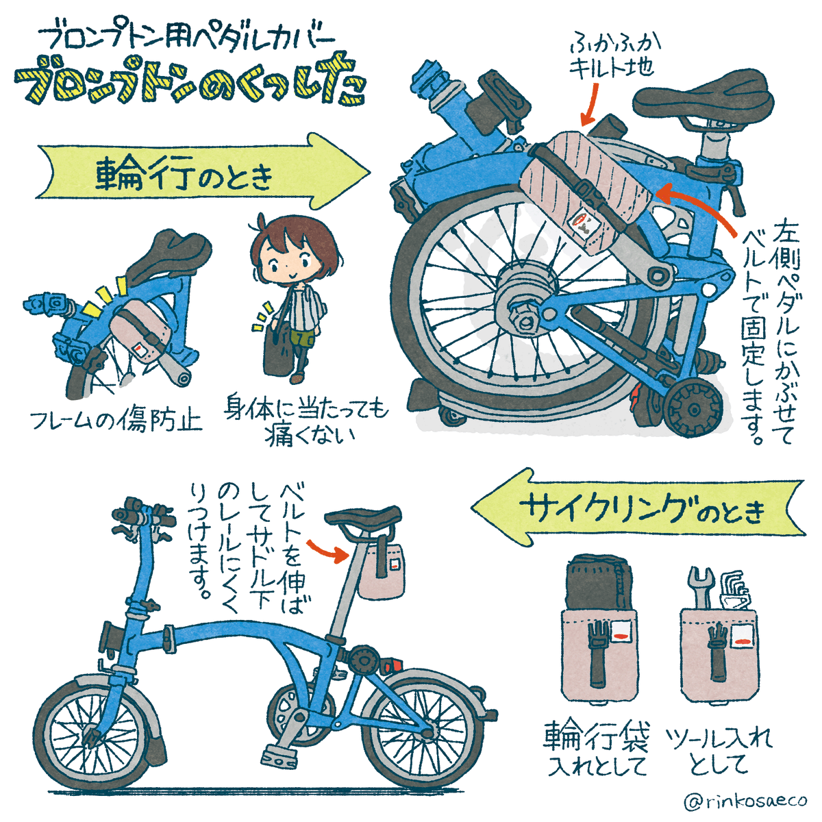 「ブロンプトンのくつした」は、ブロンプトンの左ペダルに被せるペダルカバーです。輪行時のフレームの傷つき防止として、また輪行後はサドル下に取り付けてサドルバッグとして使えます。
ちなみに私と母の共同設計で、実家で母が裁縫してくれています。
https://t.co/InxdBVjm3d
#チャリと来た道具店