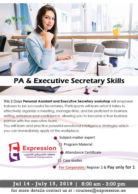 ExpressionTrain's tweet image. Personal assistant and Executive secretary skills workshop.

July 14 - July 15, 2019 | 8:00 am to 3:00 pm.

Expression Training Institute 
Contact : 026266006
Website : expression.ae

#executivesecretary #skills #secretary # #expression