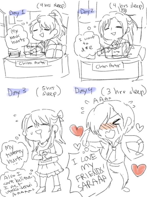 I'm all smiles and my energy is shortly rejuvenated every time I see friends, but otherwise here is a summary of my main internal thoughts each day during con. 