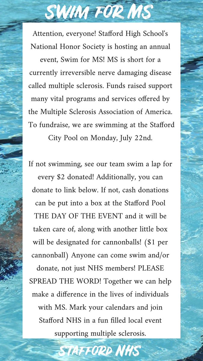 StaffordNHS_'s tweet image. It’s that time of year again. It’s the annual #SwimforMS event hosted by Stafford NHS located at the Stafford Pool on July 22nd. Spread the news! Link to donate is below and in bio.

secure.mymsaa.org/site/TRAPIPrev…

facebook.com/donate/1347540…