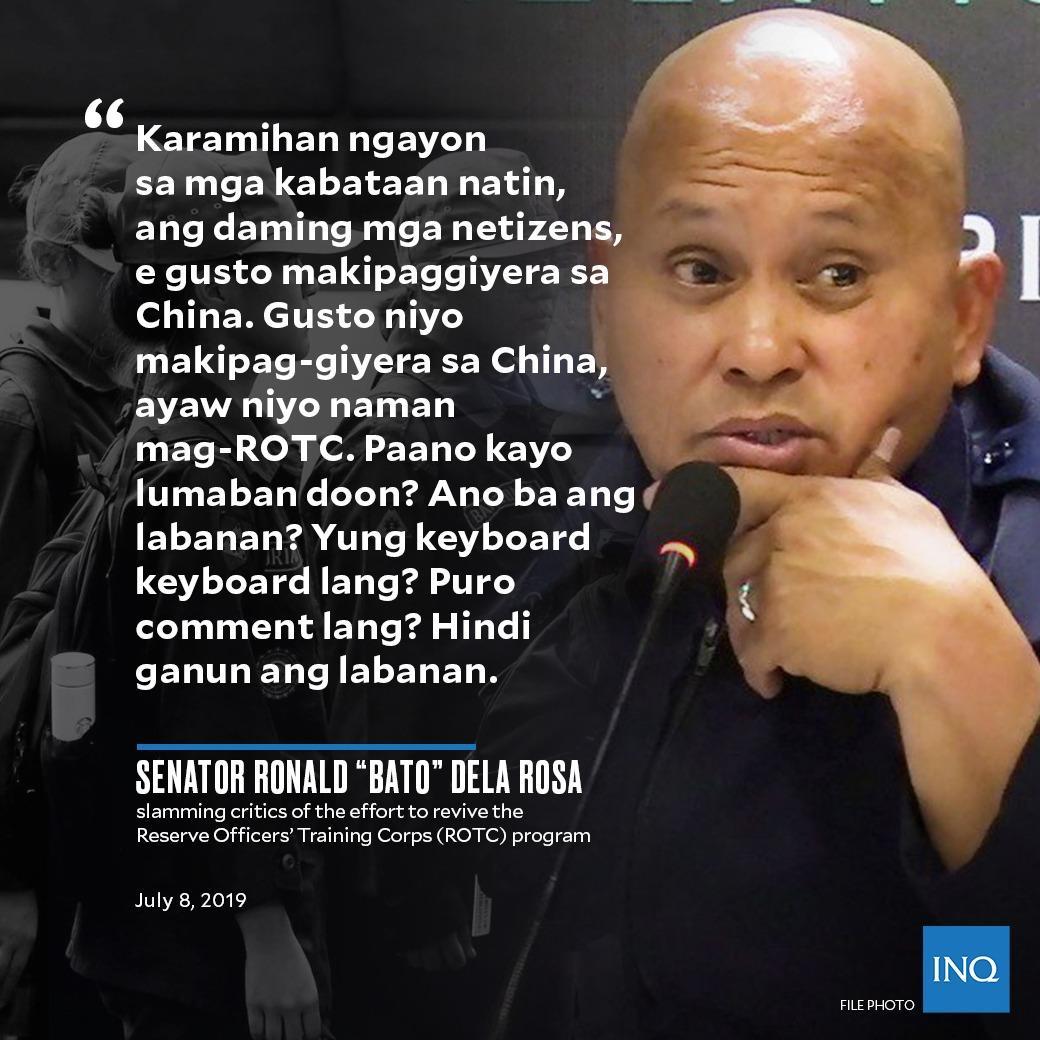 Online comments and criticisms alone are not enough to defend and protect the country should war break out, Senator Ronald “Bato” Dela Rosa pointed out.

Read: newsinfo.inquirer.net/1139032/bato-s…