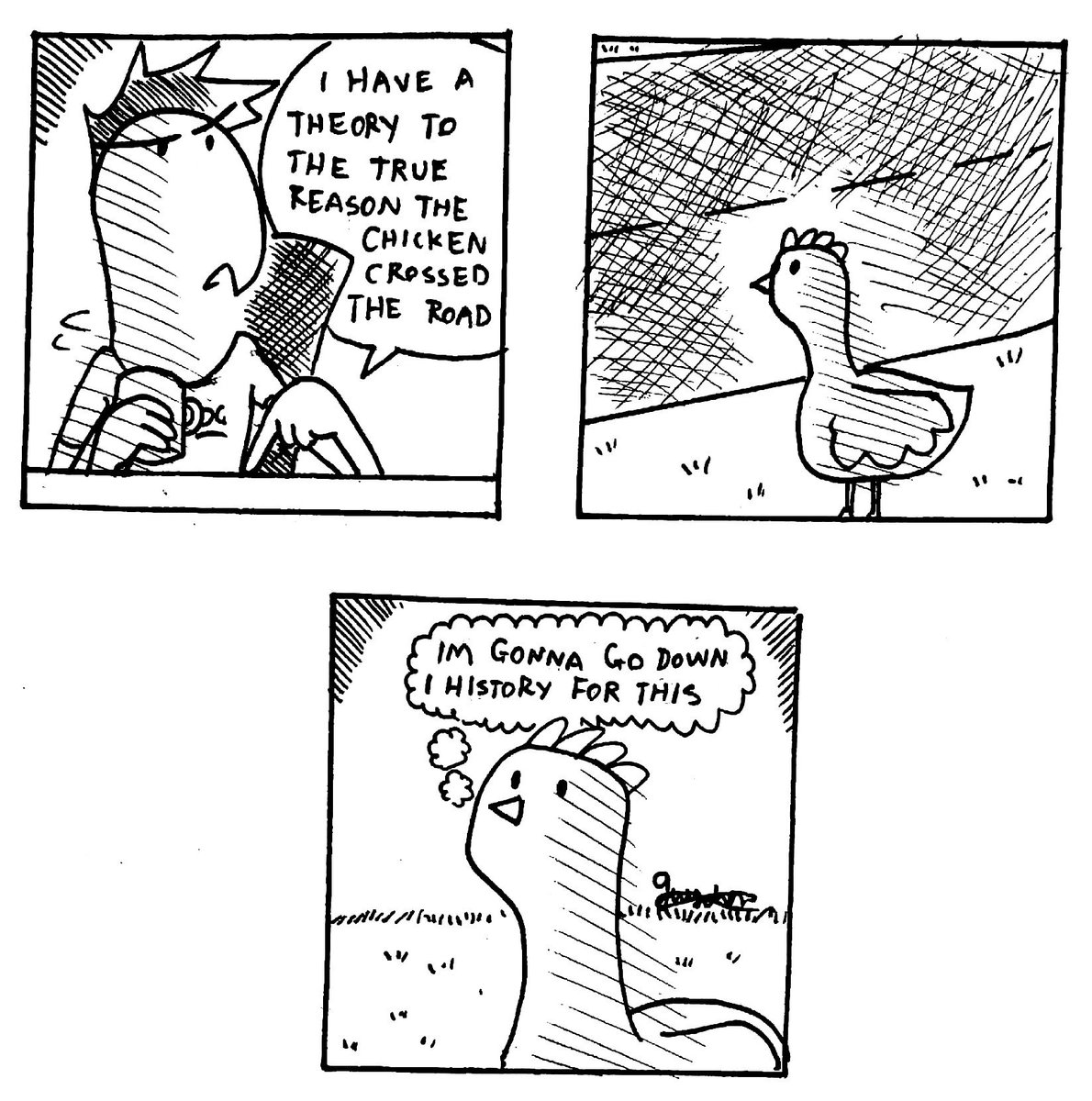 Gwydscomix's tweet photo. Stranger Comix #211
Why did the chicken cross the road?
#strangercomix #whydidthechicken #funny #comics #comix #webseries #webcomic #WEBTOON #art #ComicArt #drawing #illustration #comedy #humour #gwyd #gwydscomix https://t.co/RbrwGsVT2Q