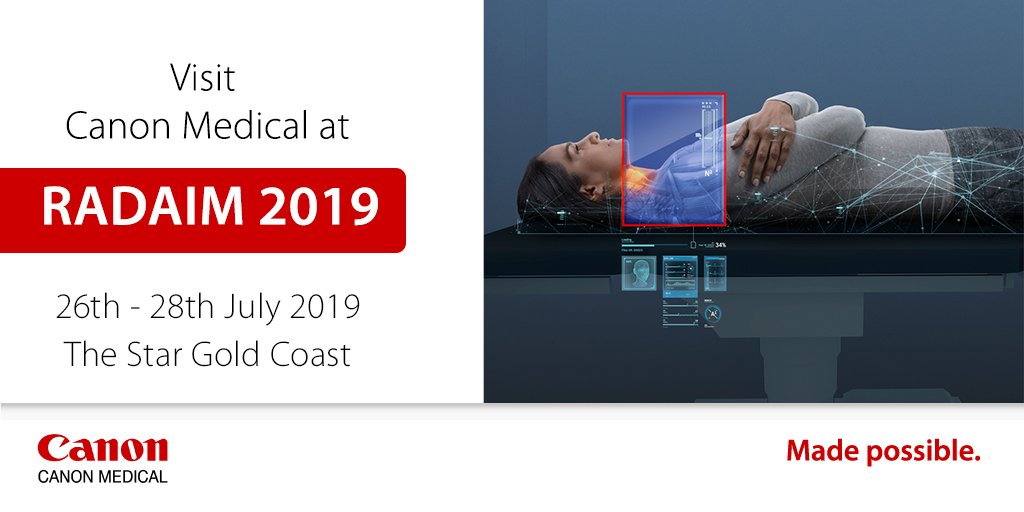CanonMedicalANZ's tweet image. Canon Medical is proud to be a platinum sponsor of #RADAIM 2019. Visit us to find out how Canon Medical can help you change the way of medical imaging, processing, reporting and communication. #CollaborativeImaging. #MadePossible. bit.ly/2xyMLO6 #CT #MRI #HIT