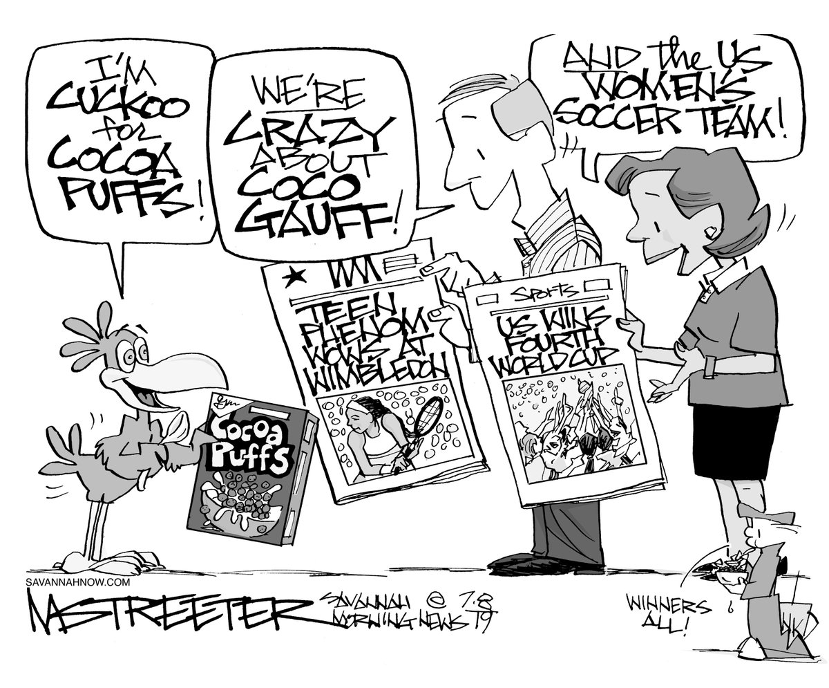 MarkStreeterSMN's tweet photo. Not much of a sports fan, but I love a great story (and Cocoa Puffs!) and these were two great stories. Tuesday's SMN cartoon: "And Equal Pay For Better Play" #Savannah @SavannahOpinion #StreeterCartoon #CocoGauff #CocoaPuffs #USWomenSoccerPlayersRule #EqualPay #TickerTapeParade https://t.co/hNkxHTiJMu