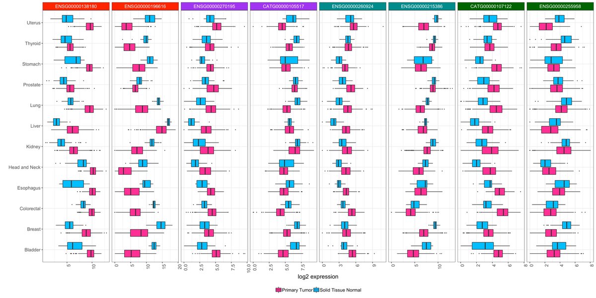 difersanchez's tweet photo. (6/7) New discoveries from the #FCR2 Atlas: > 400 differentially expressed (DE) enhancers in the #TCGA, and half of them unique to the FANTOM-CAT annotation. Some examples of DE genes by RNA type are shown below. From @marchionniLab https://t.co/um35Q4uLUS