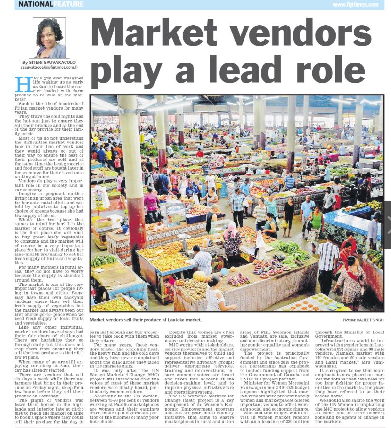 unwomenpacific's tweet photo. Great coverage in @fijitimes -Thanks! S/O to #marketvendors in the #Pacific, majority of whom are #women, for influencing #change in their #families & #communities, for contributing to their national #economies. @UN_Women #MarketsForChange Project is supported by @dfat @CanadaDev https://t.co/tJglCkzdMi