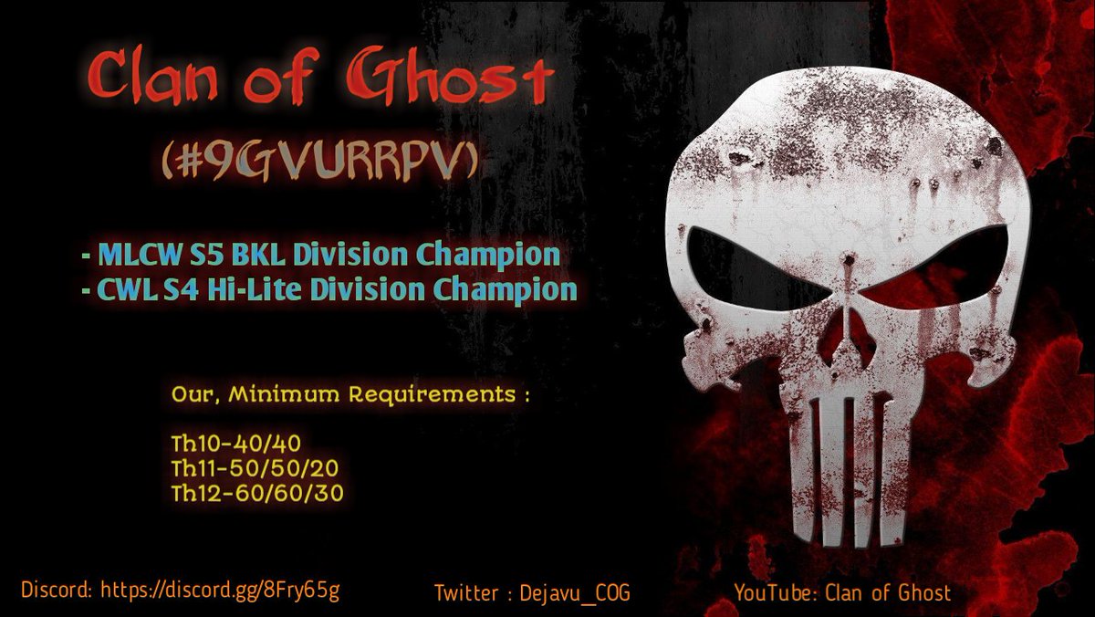 "Clan of Ghost" is a fair play war clan which have been participating in war leagues continuesly .
We are always recruiting players .
Our, minimum requirements :
1) TH10 - 40/40
2) TH11 - 50/50/20
3) TH12 - 60/60/30
Join our discord server and apply- 
discord.gg/8Fry65g