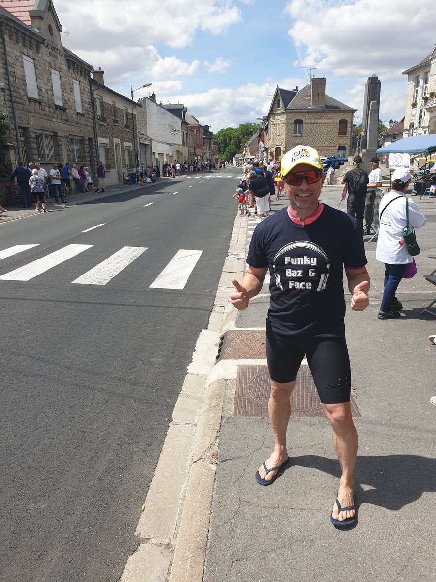 markfunkyharris's tweet photo. Great episode with the sponge last week boys and thought I would play my part by sending #funkybazface to the Tour De France #tourdefrance2019 #threebrothers #talkingfooty https://t.co/SbPjie5zza