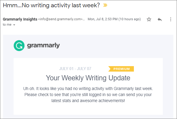 mixprotocol's tweet image. Maybe @Grammarly could celebrate that some users can occasionally #unplug, especially over a holiday week, before suggesting that something is amiss?

Enough with the #VacationShaming.

#2cents #WorkLifeBalance #GamificationGoneWrong