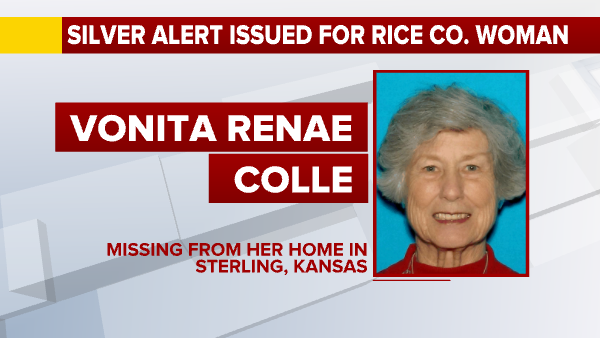 KWCH12's tweet photo. SILVER ALERT: 
Rice County authorities are looking for 87-year-old Vonita Renae Colle, who was reported missing from her home in Sterling late Monday.

Details: https://t.co/yLXTiWDD9D https://t.co/DCF9cUM7oT