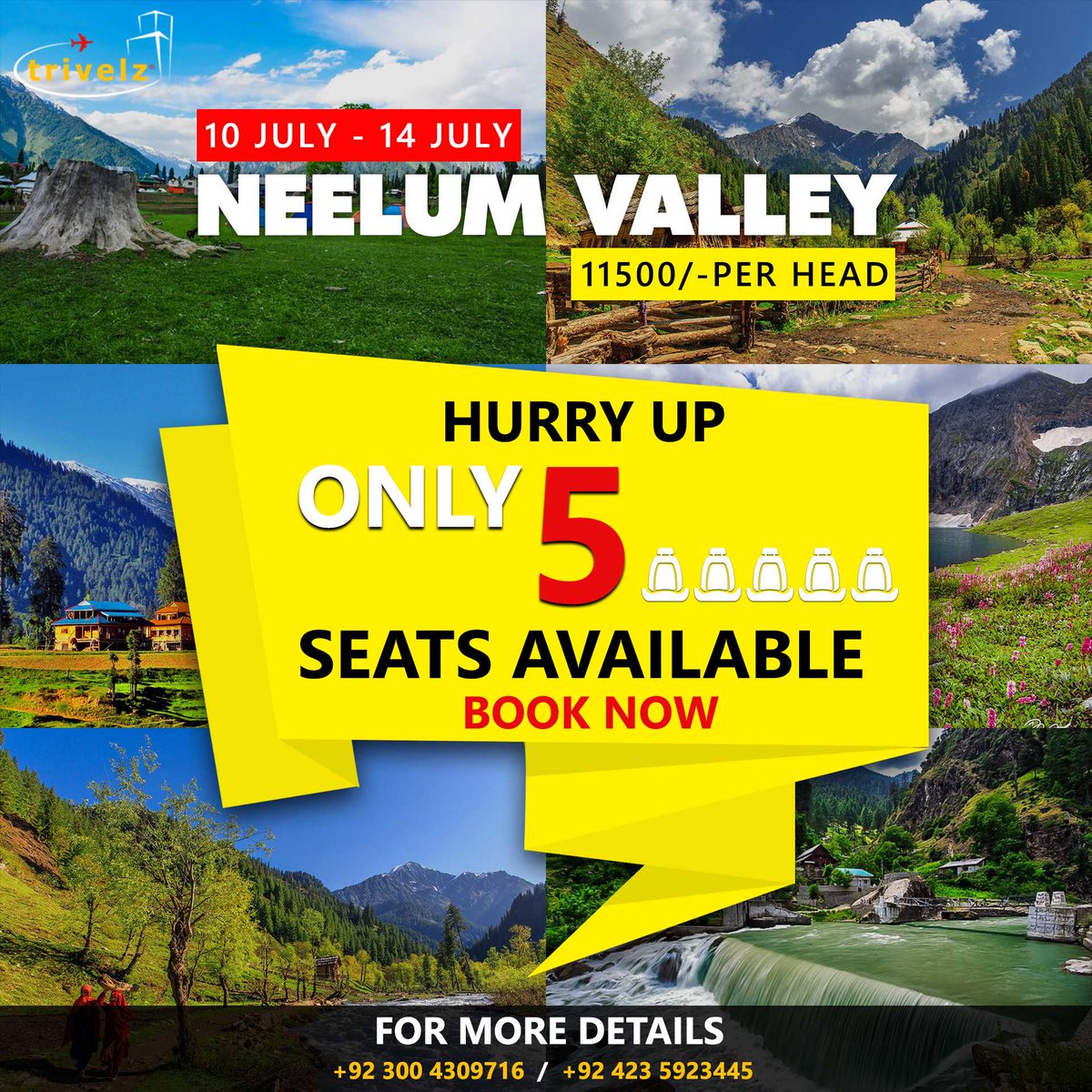 Only 5 seats left. Book your seats now!
📱 For Booking, Information &amp; Customize Tours, Contact:
0320-1010019, 0336-4309716, 0300-4309716
Visit: trivelz.com
#VacationsPlan #Trips #Tourism #pakistan #pakistantourism #travelandtourism #worldtour #vacations #holidays