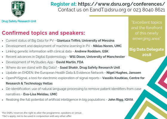 DSRUDrugSafety's tweet photo. Hear from Andrew Roddam @GSK at our conference on #BigData for #Pharmacovigilance on linking genetic information with clinical data #BigdataforPV2 https://t.co/MSiTHn2Ial Read this published summary of our first #BigDataforPV conference last year: https://t.co/AnzNJ2xzhD https://t.co/faIEprndjR