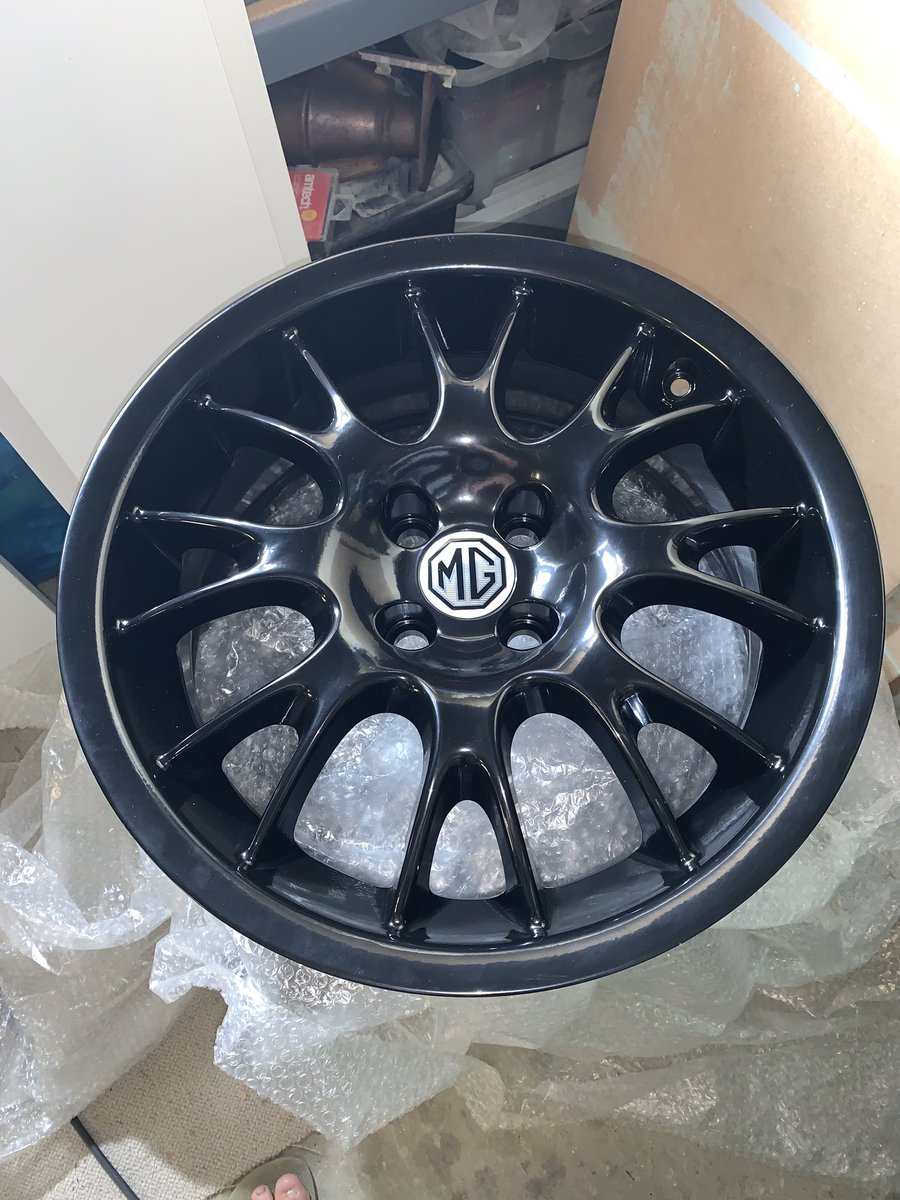 Richardwillott's tweet photo. Refurbished wheels thanks to #glc powedercoating black and silver centre caps, just waiting for the #FalkenTire https://t.co/l5qaHj1Ios