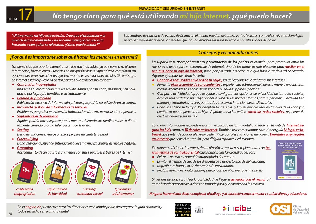 AEPD_es's tweet photo. ¿Tu hijo está raro y piensas que el ordenador o el móvil tienen algo que ver? Sigue estos consejos para acercarte a ellos, saber qué hacen en Internet y enseñarles a usar de manera responsable las nuevas tecnologías. Más info en esta guía: https://t.co/z6U9vcDXnF https://t.co/RZZfziF57Y