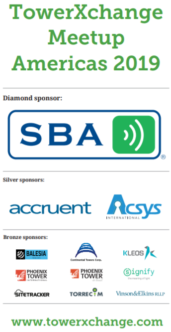 TowerXchange's tweet photo. Live: A big thank you to all our Sponsors &amp; exhibitors at #TowerXchange Meetup Americas 2019. See you all soon. 
#txmeetupamericas @sbasite @AccruentLLC @AcsysTechnologi  #balesia #continentaltowers #kleos #phoenixtower @Signifycompany @SitetrackerInc #torrecom @VinsonandElkins https://t.co/TpyE3k12Jk