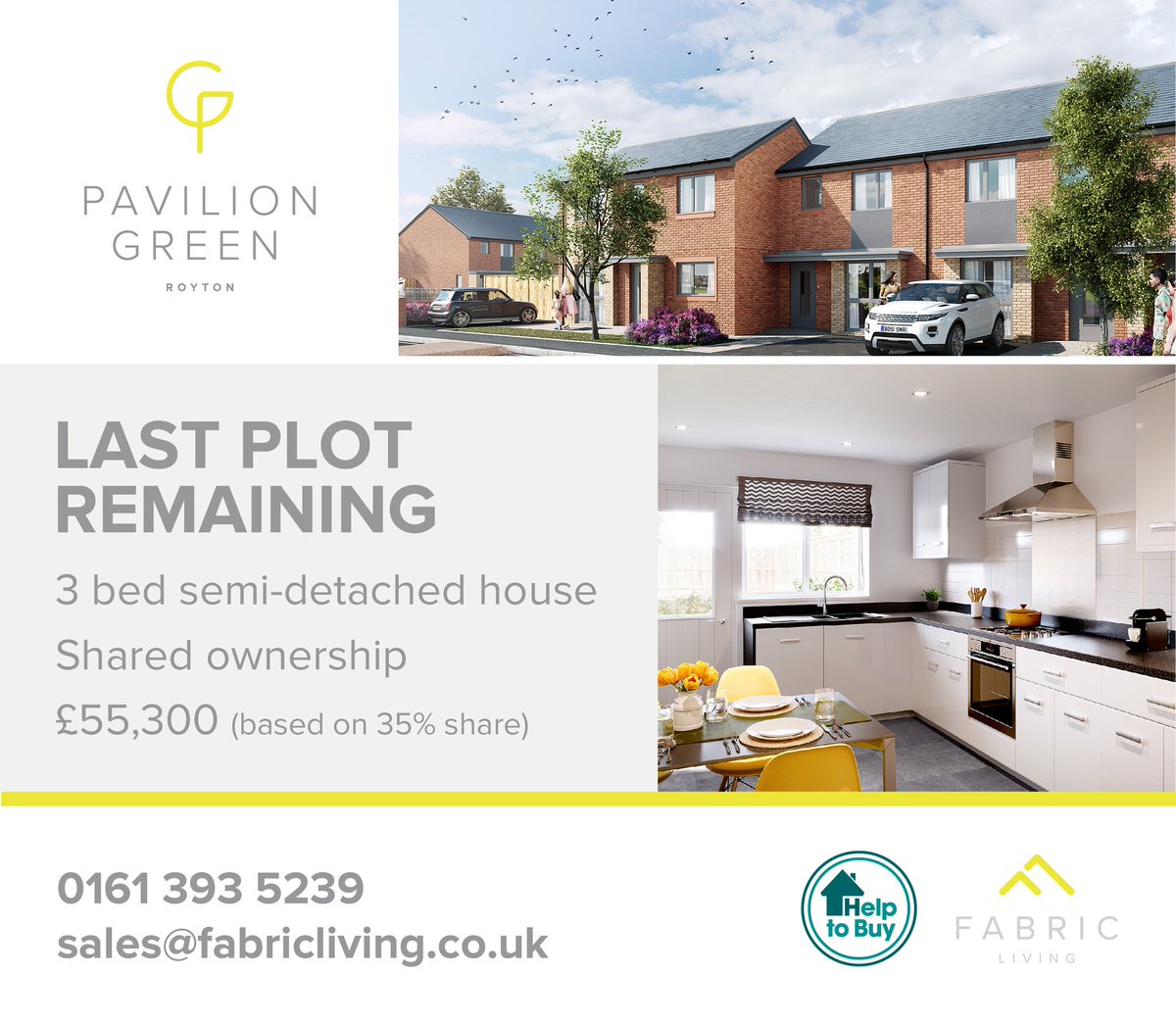 FabricLivingUK's tweet photo. Last plot remaining at Pavilion Green available on shared ownership. Prices from £55,300 for a 35% share, contact us on 0161 3935239 or email sales@fabricliving.com https://t.co/FBhkLXsKqa