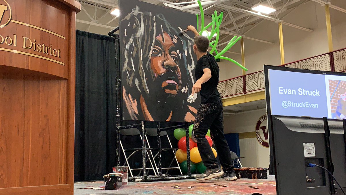 LitCoachLady's tweet image. @StruckEvan did a masterful speed painting of @JasonReynolds83 at #nErDcampmi 
#nerdcampmi2019