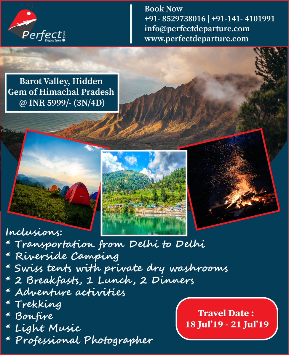 Enjoy a 2N/3D getaway at Barot Valley with PDC!
#PerfectDeparture #PerfectDepartureJaipur #PDC #PDCJaipur #Jaipur #BarotValley #HimachalPradesh #TravelServices #TravelSolutions #BestDeal #BestOffer #BestPackage #BestSellerPackage #Camping #AdventureActivities