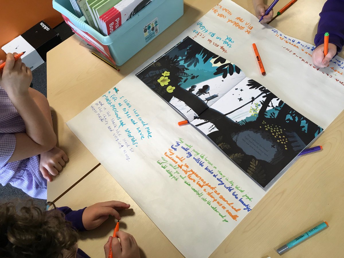 NCPSY2's tweet photo. We were generating ideas for what might happen in our exciting day on the island for a Grandad and Syd. The children used a double spread of the book as the hook for what might happen next. 👴🏼👦🏼🌊🏝 https://t.co/RHJt4LAerr