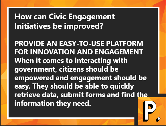 PollicyOrg's tweet photo. How can #CivicEngagement Initiatives be improved?

PROVIDE AN EASY-TO-USE PLATFORM FOR INNOVATION AND ENGAGEMENT
"When it comes to interacting with government, citizens should be empowered and engagement should be easy. They should be able to quickly retrieve data, submit..." https://t.co/0nIg1W0GMp