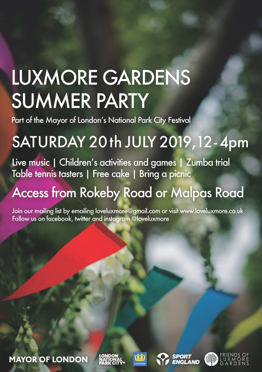 Luxmore Gardens Summer Party Saturday 20th July 12-4pm. Live music, kids activities and LOADS of free cake! Bring a picnic, your friends and family, and your dancing shoes and join us for a right big community knees up in our favourite little pocket park.