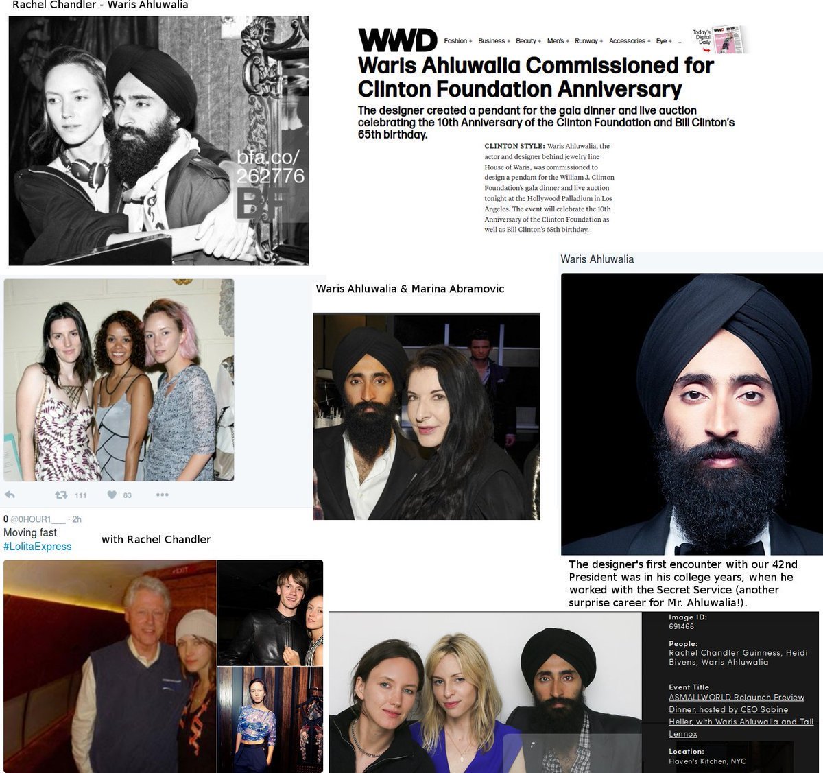 Ray Chandler pictured with Waris Ahluwalia; a designer and former secret service member with contacts to the Clintons and Marina AbramovichAlso she is pictured with Bill on board the lolita express #QAnon  #WWG1WGA  #MEGA  #GreatAwakening  #DarkToLight  #Clinton  #RayChandler