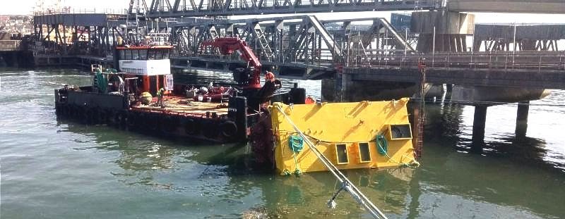 The lower section of the AMOG WEC being launched into the sea from <a href="/Mainstay_Marine/">Mainstay Marine Solutions</a> Solutions' slipway at Pembrokeshire, Wales UK.