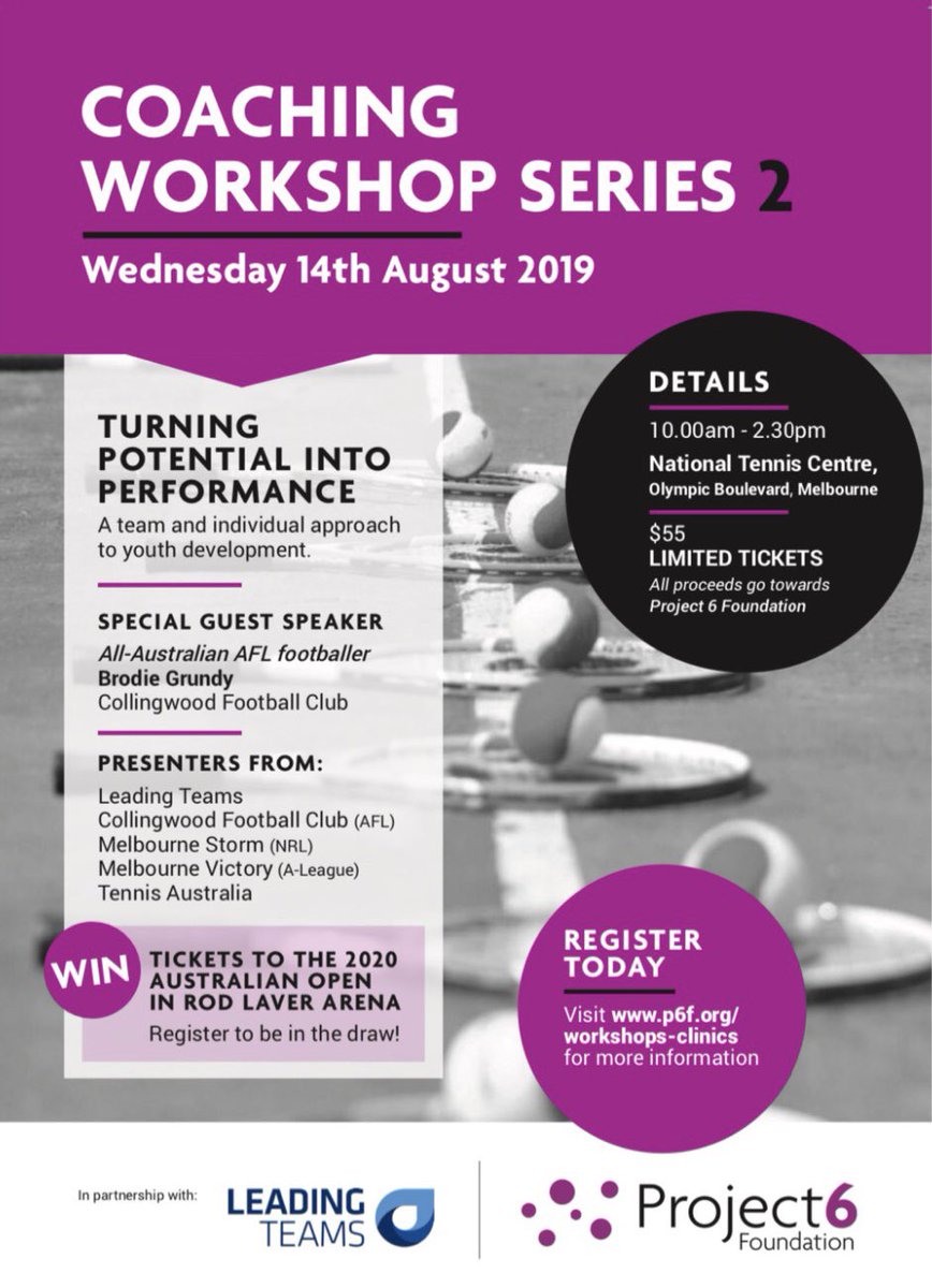 An amazing opportunity to hear from some leading Australian sporting teams and their experiences in youth development. A workshop for turning potential into performance! 

Tickets are $55 and all proceeds go to Project 6 Foundation!  

p6f.org/workshops-clin…