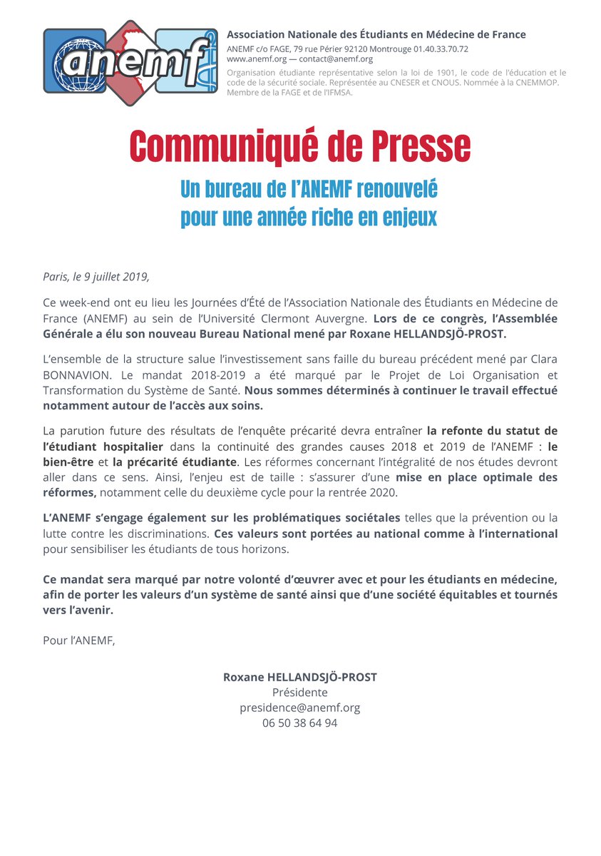📢[CDP:Election nouveau Bureau National]

Ce week-end, le nouveau bureau national #ANEMF2019_2020 mené par @Roxane_ANEMF a été élu lors des #JEA19 à <a href="/UCAuvergne/">UCA</a> !

Bravo au bureau de @Clara_ANEMF pour leur travail cette année 👏 

Liste twitter du bureau : frama.link/QU_z8SbW