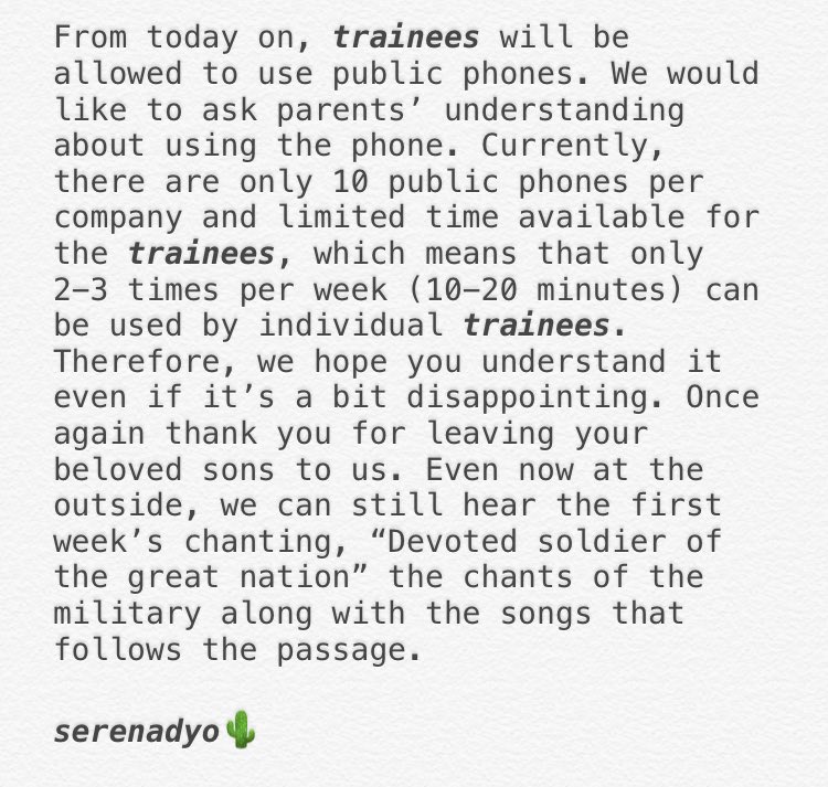 A letter from the Colonel for the parents whose sons in a military service.

Including daily routines and other schedules.

Stay hydrated Kyungsoo-ya!💙

#도경수 #DohKyungsoo