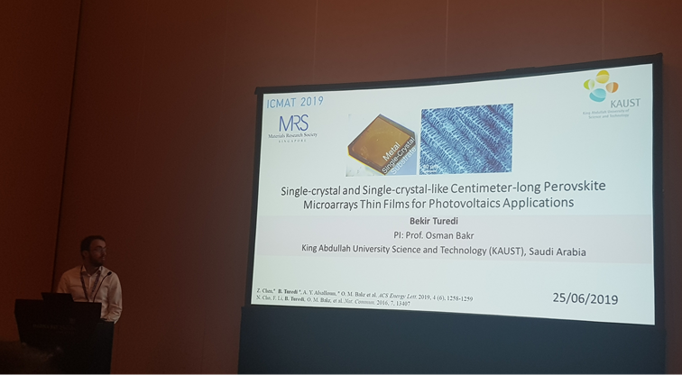 BekirTuredi's tweet photo. I presented our latest results in #perovskite single crystal #solarcell (in @ACSEnergyLett) and previous work on perovskite microarrays (in @NatureComms) in #ICMAT2019. Very happy to see such crowd in my first talk at an international conference. #energy #photovoltaics #solar https://t.co/lgOZKrXb2f