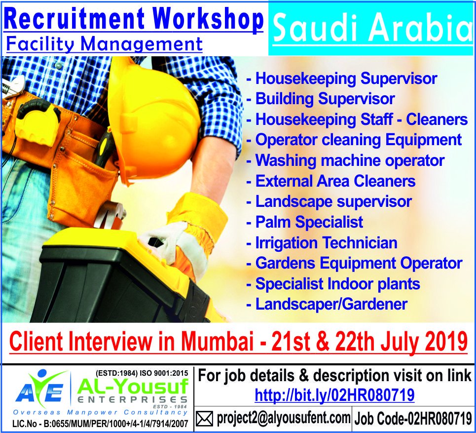 alyousufjobs's tweet photo. 02HR #HIRING #INDUSTRY #HOUSEKEEPING #HOSPITALITY #PALACE_MAINTENANCE #SOFT_SERVICE #FACILITY_MANAGEMENT #Saudi_Arabia
#Face_Face #Interview in #Mumbai
#email-project2@alyousufent.com
#JDlink https://t.co/C83707dJ41
#Alyousufent #AlYousufGulfJobs @safwanindia @MohammedArfanY1 https://t.co/HItvW0BaAv