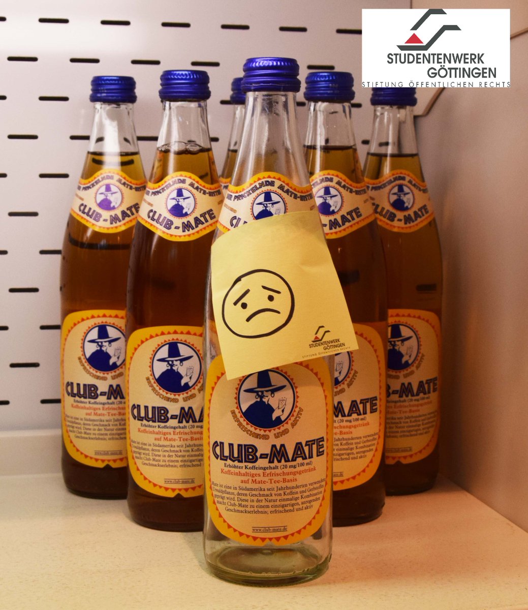 studiwerk's tweet photo. Lieferengpass bei Club Mate erwartet!
Die Hitze der letzten Wochen führte zu Hamsterkäufen in den Getränkemärkten. 
Viele Getränkeproduzenten bekommen von den Verbrauchern nicht mehr genug Flaschen zurück. So kommt es zu Lieferproblemen, vermutlich auch in den Mensen/Cafeterien. https://t.co/Q38IIIkTBz