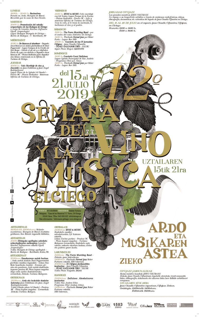 Elciego's tweet photo. #Planes en @Elciego #RiojaAlavesa:
15 al 21 de julio: 12 #Semana del #Vino y la #Música
➡️ #racimotren ➕ #presentación del estudio del #barriodebodegas de Elciego ➕#deblancosalatardecer ➕ #maridaje #vinoychocoloate ➕#wine_music ➕#cifujazz➡️#ekuru #iñakisalvador 🎹🥁🎷🎹 https://t.co/LA5WpWxmeR