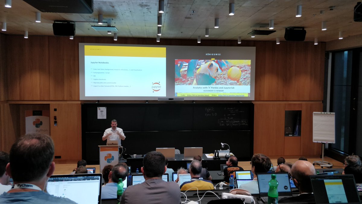 #europython Tuesday workshop by <a href="/hendorf/">Alexander CS Hendorf</a> with the awesome #DataAnalytics track featuring #python #pandas and #scikit in the sunny #Basel. Python has a very good #opensource #DataScience ecosystem and community which enables faster and more cost efficient R&amp;D for companies!