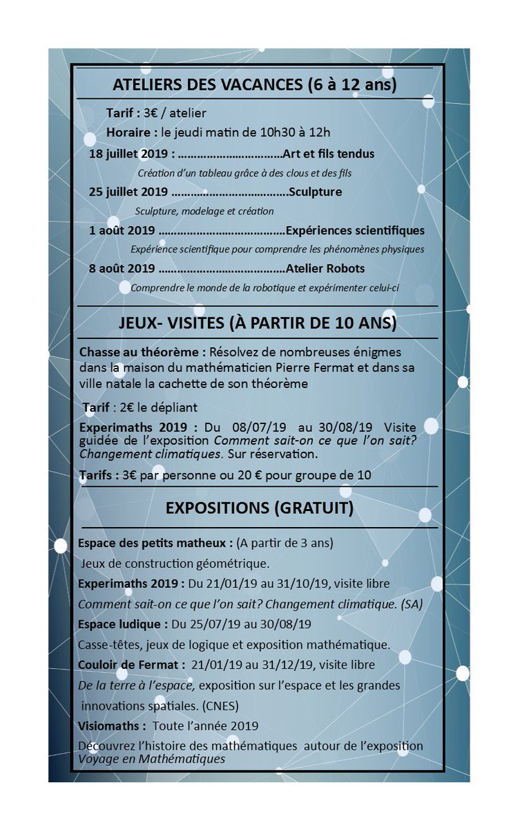 EquipeFermat's tweet photo. Pour l'été 2019
Nous lançons un site de réservation pour nos animations.
Pour l'été chez Fermat : nos visites guidées, nos visites de l'exposition 2019 et pour notre jeu-visite la Chasse au Théorème. 

 https://t.co/Ao9ZmQJJ0M https://t.co/lP4e43g5yd