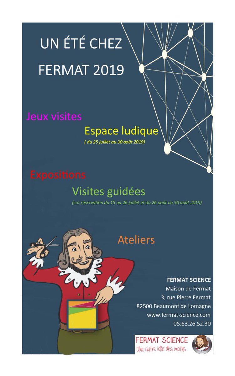 EquipeFermat's tweet photo. Pour l'été 2019
Nous lançons un site de réservation pour nos animations.
Pour l'été chez Fermat : nos visites guidées, nos visites de l'exposition 2019 et pour notre jeu-visite la Chasse au Théorème. 

 https://t.co/Ao9ZmQJJ0M https://t.co/lP4e43g5yd