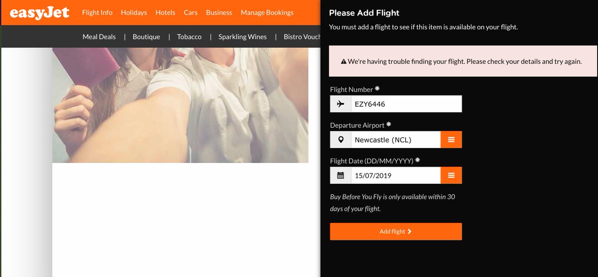 Stephen_000's tweet photo. @easyJet i'm trying to add #HandsFree to my booking. But it says it can't find my flight? Customer service telephone said they cant help. #Help https://t.co/8lsaktvBh1