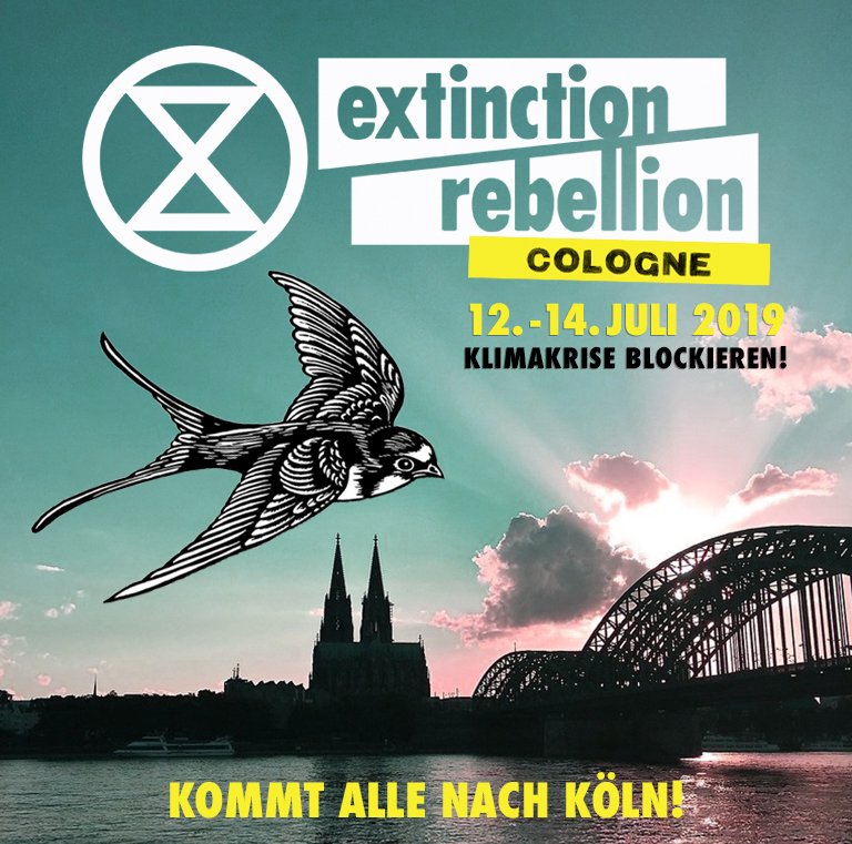 #ExtinctionRebellion <a href="/CologneXr/">Cologne XR</a>
12.07 Aktionstraining

13.07 Kommt auf Kölns Brücken! 
Um über Bürger*Innenversammlungen zu sprechen. Für  alle, die nicht auf die Brücke möchten oder können gibt's am Neumarkt: „Markt der Ideen“ 

14.07 Regenerative Culture
extinctionrebellion.de/koeln1307/