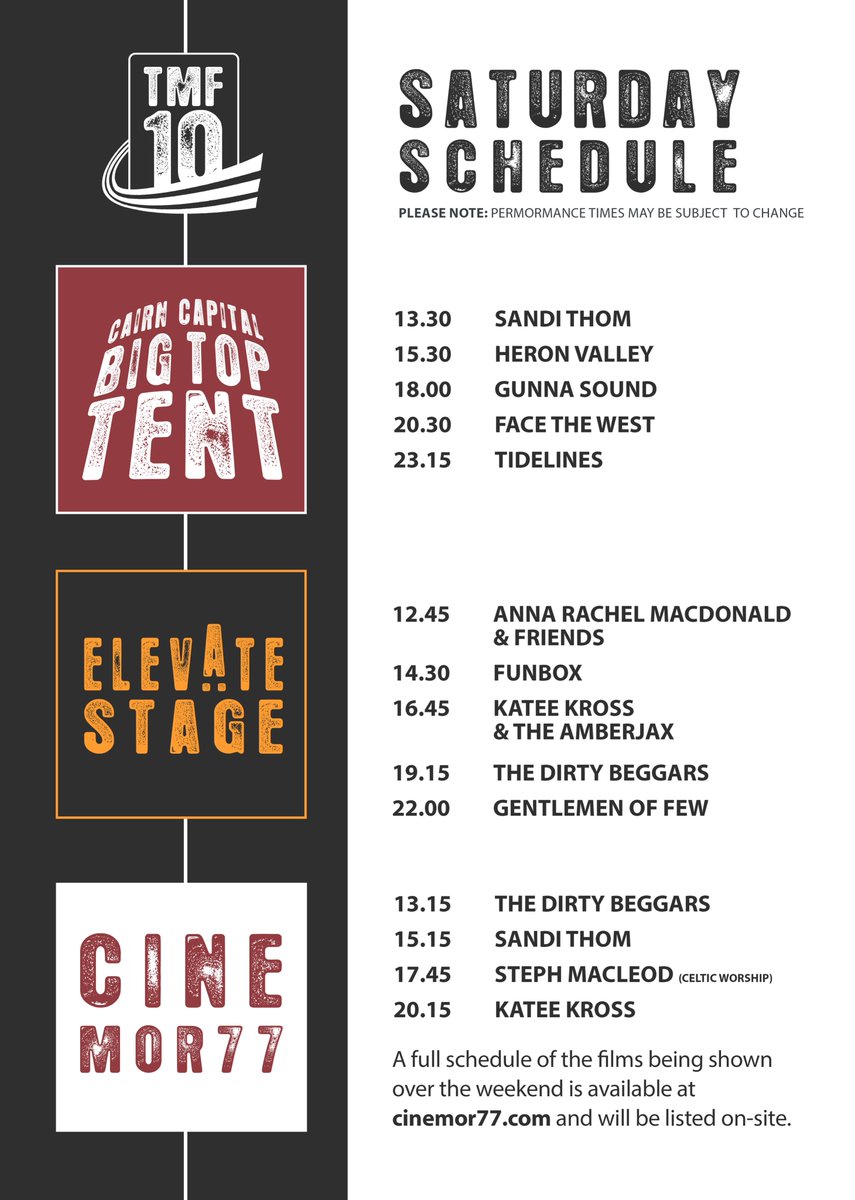 TireeMusicFest's tweet image. 🎪STAGE TIMES🎪 Check out our schedules across the weekend... when&apos;s your fav band on? #TMF10 here we come... 😎 #waitingonasunnyday Check out full programme for all your essential info: tireemusicfestival.co.uk/wp-content/upl…