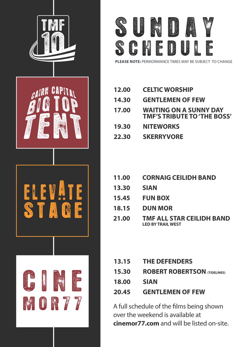 TireeMusicFest's tweet image. 🎪STAGE TIMES🎪 Check out our schedules across the weekend... when&apos;s your fav band on? #TMF10 here we come... 😎 #waitingonasunnyday Check out full programme for all your essential info: tireemusicfestival.co.uk/wp-content/upl…