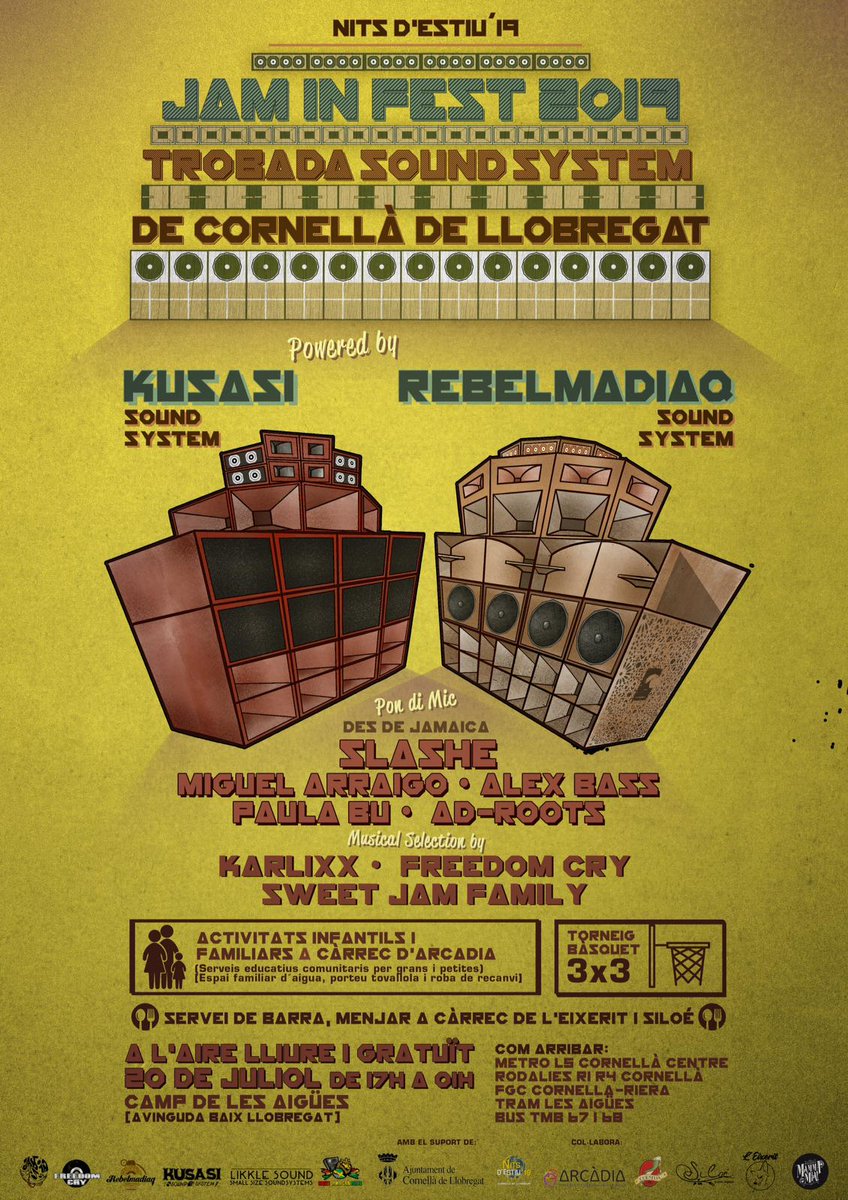 EscolaArcadia's tweet photo. Jam In Fest 2019, trobada sound system
🐟 al cap de les aigües de Cornellà 
🐠el dia 20 de Juliol de 17h a 1h
🦑Activitats infantils i familiars al nostre càrrec
📢 portarem jocs d'aigua!! https://t.co/yFnBP622Mz