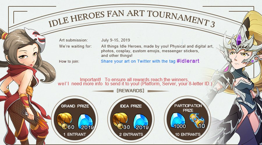 Hey, Lutz speaking!
Idle Heroes Fan Art Tournament 3 is in full swing!
Participate by sending us all things Idle Heroes, made by you! Art, photos, custom emojis, stickers…
Creativity time!

❤️Retweet this post, and we will randomly draw 20 lucky birds and award them 888 Gems!