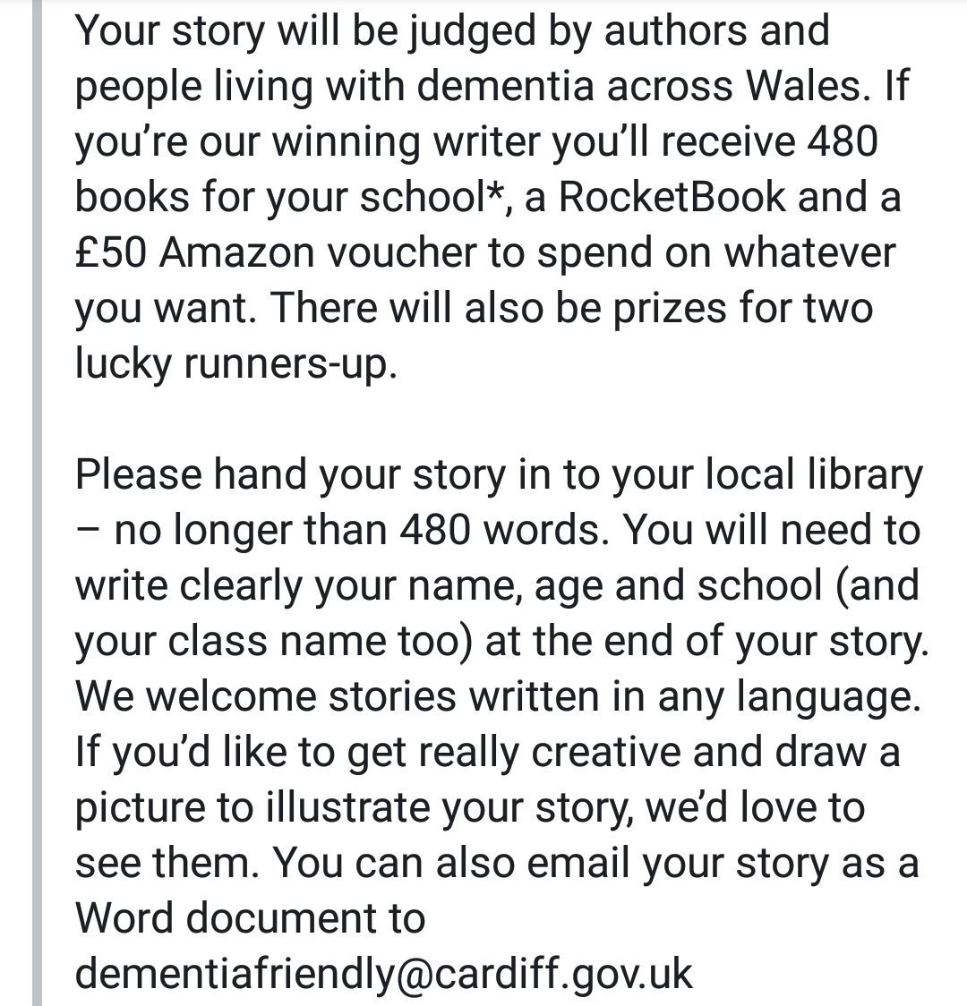 Calling all scribblers! 

Have you got what it takes to write a truly amazing #story that could win 480 books for your school?

@WelshLibraries have teamed up with <a href="/AlzSocCymru/">Alzheimer's Society Cymru</a> to help raise awareness about #dementia and we'd love our little library members to get involved!