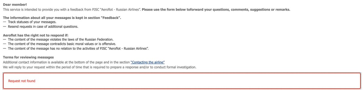 CrisBellido's tweet photo. @aeroflot Thank you very much for answering, but I tried this way before to write this comment. That link says REQUEST NOT FOUND. I emailed twice the receives and the Property Irregularity report to @aeroflot and I didn't have respond. PLEASE HELP! https://t.co/5enqeeLQSo