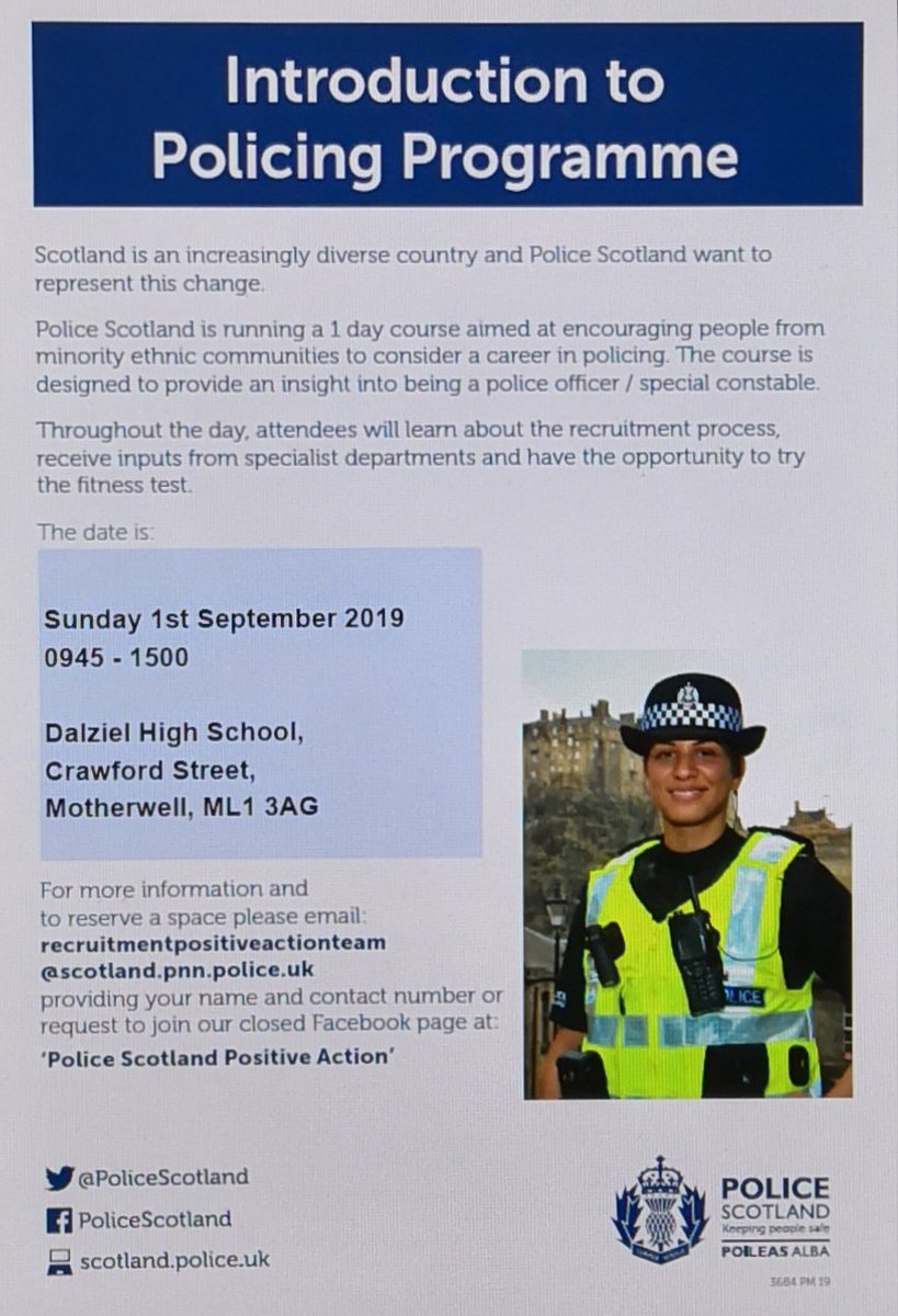 PSOSLanarkshire's tweet photo. If you are from a minority ethnic community we have some exciting news!
Introduction to Policing courses coming up in #Motherwell. Sunday 1st September 2019. @MotherwellPol #EandD ๐ฎโโ๏ธ๐ฎโโ๏ธ https://t.co/X2VAdtrq9l