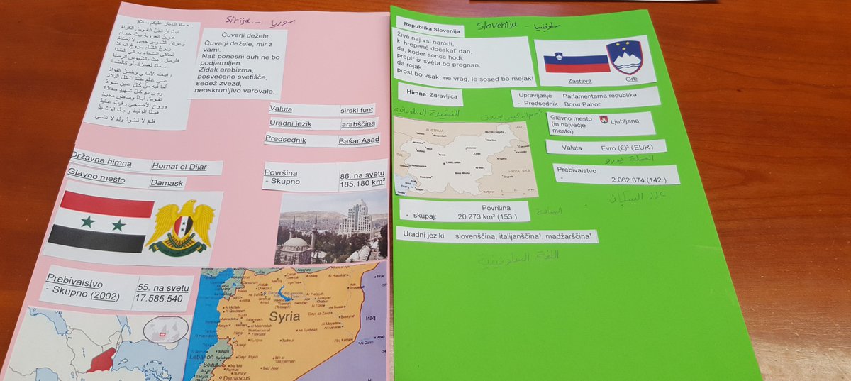 pandpas's tweet photo. Would you like to know how "Slovenia" is spelled in Arabic? The poster that shows comparison between Slovenia and Syria has been made within language learning class in elementary school in Maribor by three pupils from Syria and their mentor, devoted student of pedagogy. https://t.co/ZfchKMpBzZ